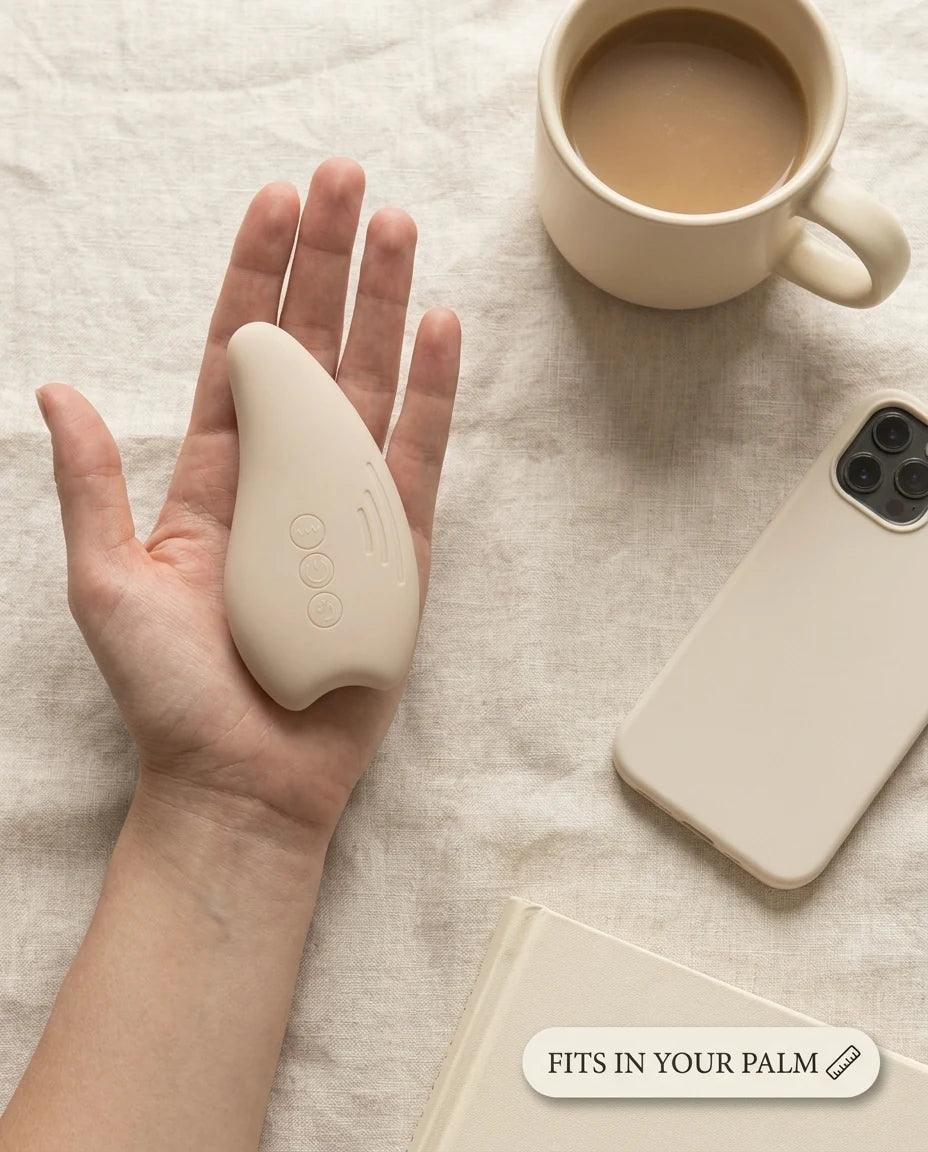 A MamaWarm pad held in a woman's palm, next to a coffee mug and phone for scale, with a 'Fits in your palm' label.