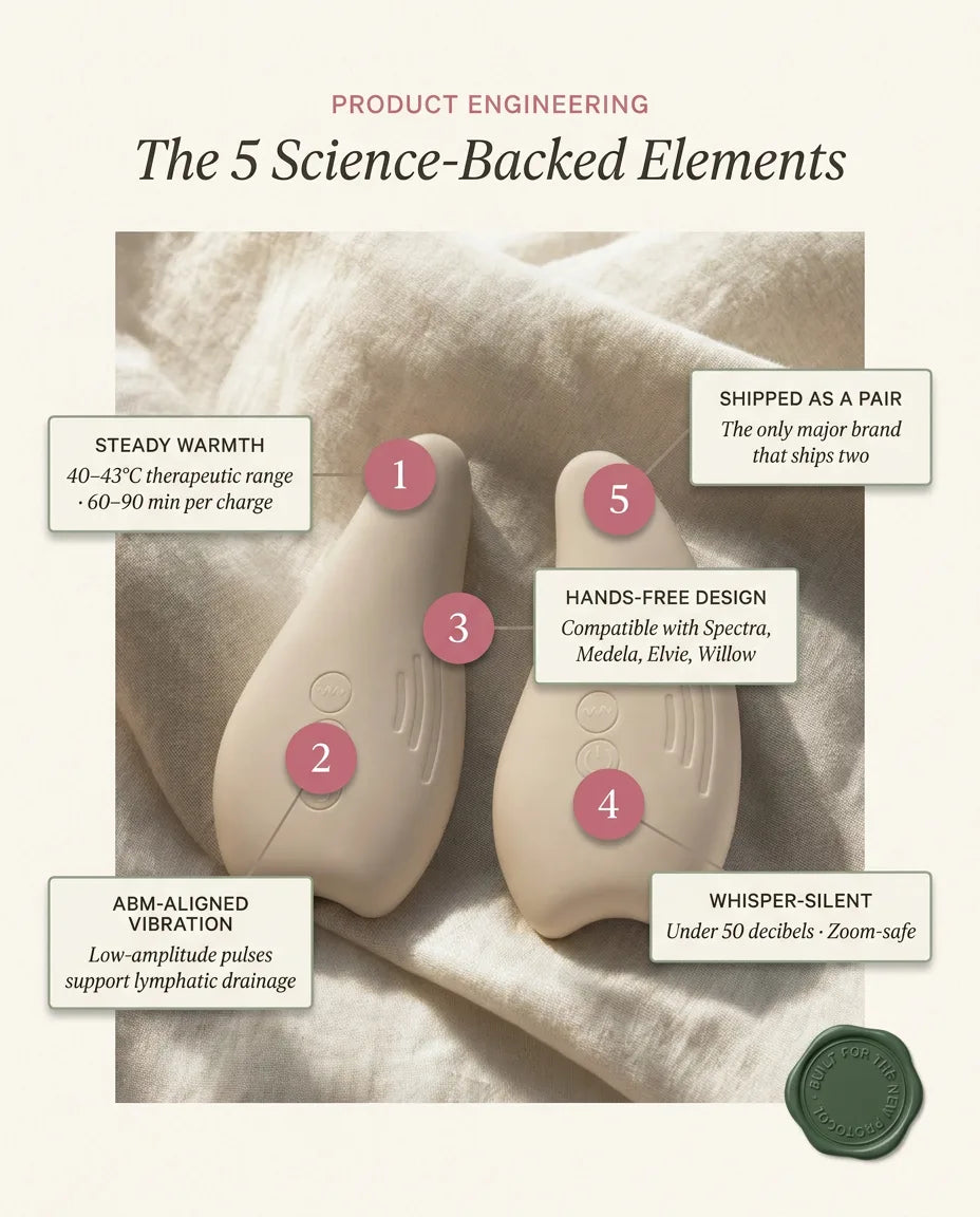 The 5 science-backed elements of MamaWarm: 1 Steady warmth 40-43C therapeutic range 60-90 min per charge, 2 ABM-aligned vibration low-amplitude pulses support lymphatic drainage, 3 Hands-free design compatible with Spectra Medela Elvie Willow, 4 Whisper-silent under 50dB, 5 Shipped as a pair the only major brand that ships two