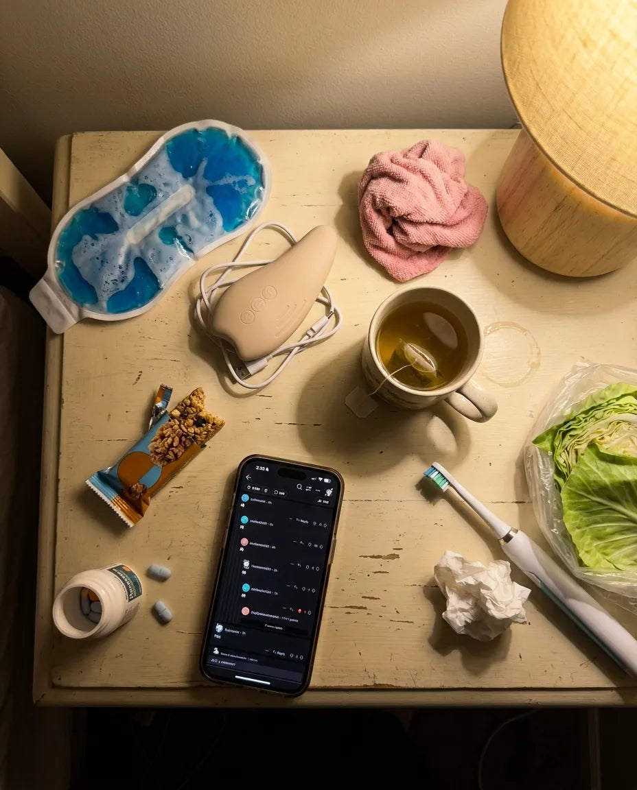 Flat-lay of failed lactation products on a nightstand: cold gel pack, electric toothbrush, cabbage leaf, supplements