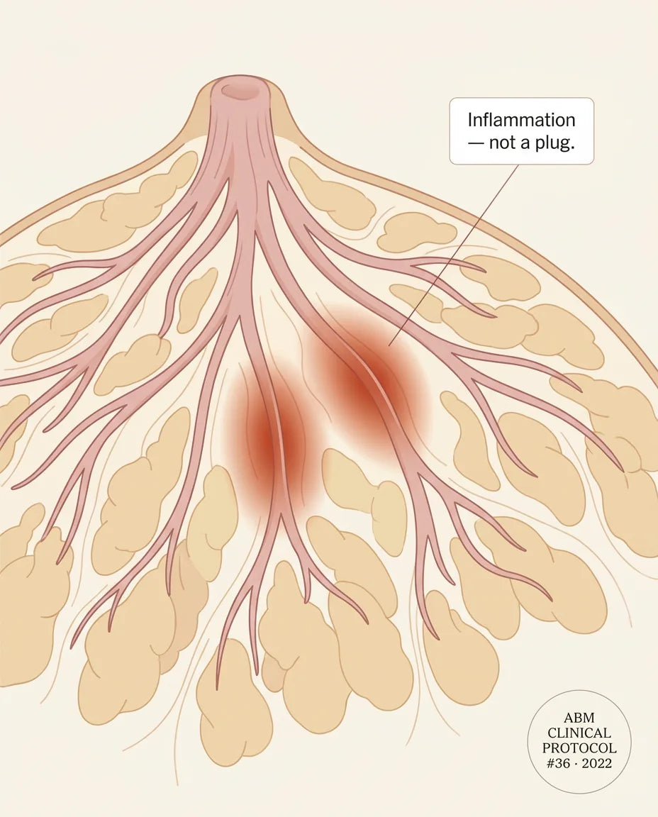 Anatomy diagram of milk ducts with inflammation around them and a callout reading Inflammation, not a plug, ABM Clinical Protocol #36, 2022