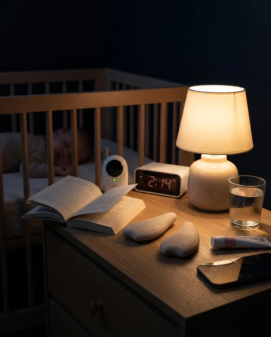 MamaWarm pads resting on a bedside nightstand at night beside a warm lamp, alarm clock, and baby monitor