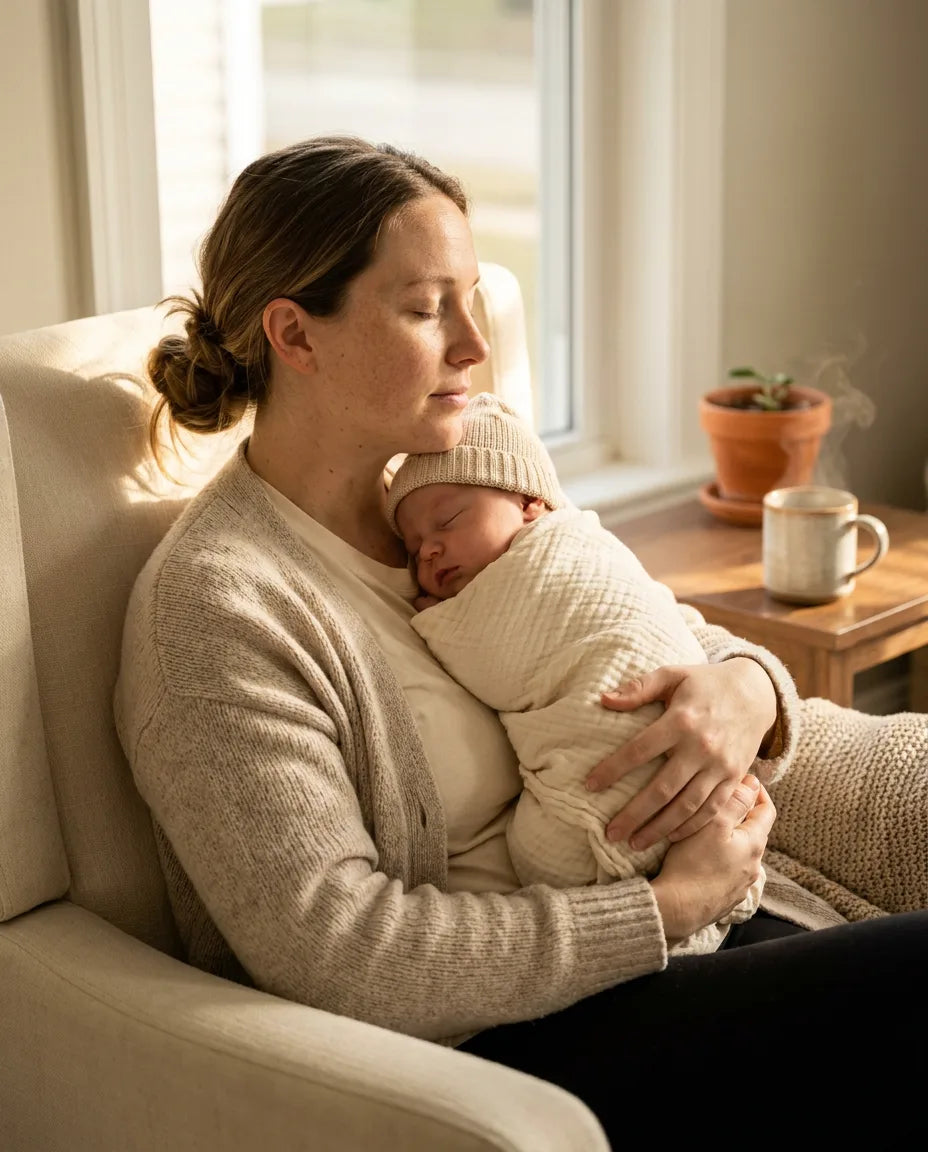A postpartum mother in a cream cardigan holding her swaddled baby in a quiet armchair, eyes closed in tender relief, golden window light