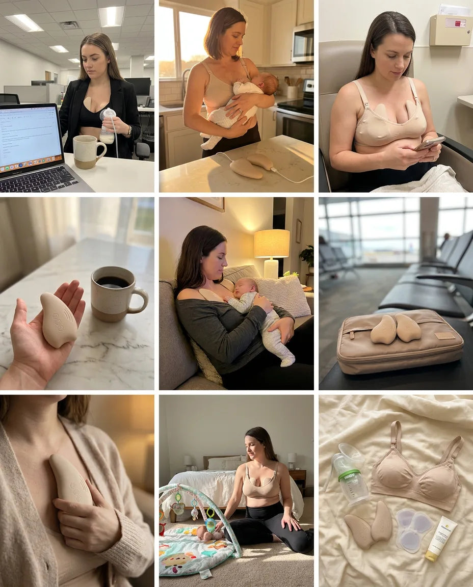 A grid of nine customer photos showing MamaWarm in everyday use: at the office, while nursing, on the nightstand, charging