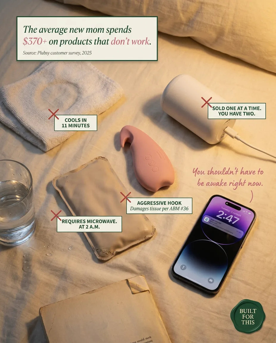Annotated flat-lay of failed lactation products that cost the average mom $370+: cooling gel pack, single Momcozy, aggressive Frida hook, washcloth requiring microwave at 2 a.m. Source: Plubsy customer survey 2025.